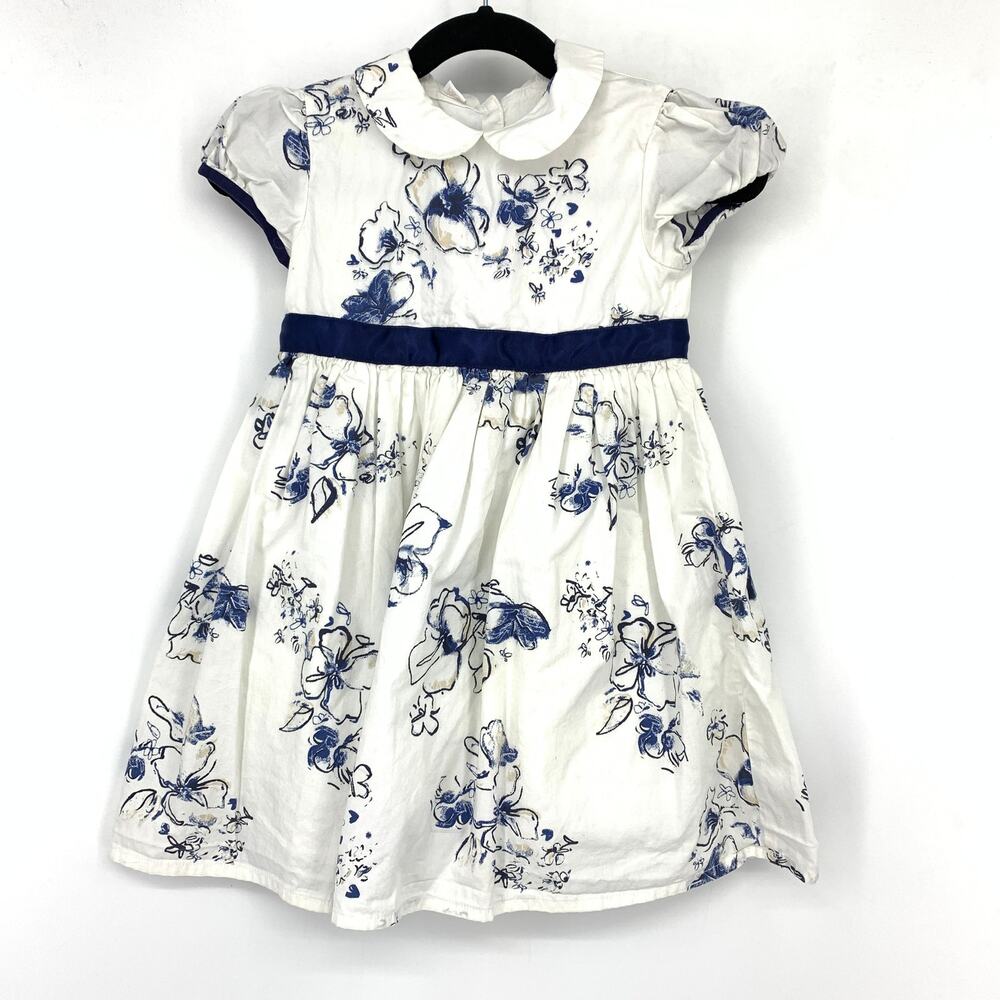 Unbranded Short Sleeve Fit & Flare Dress Baby Size 24Mos White Navy Blue Floral